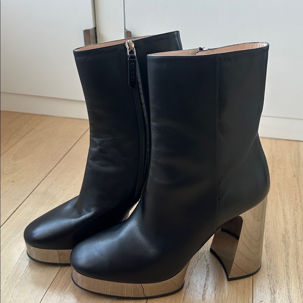 Gucci Black Leather Platform Ankle Boots with Silver Mirror Heel 41.5 - Picture 6 of 11